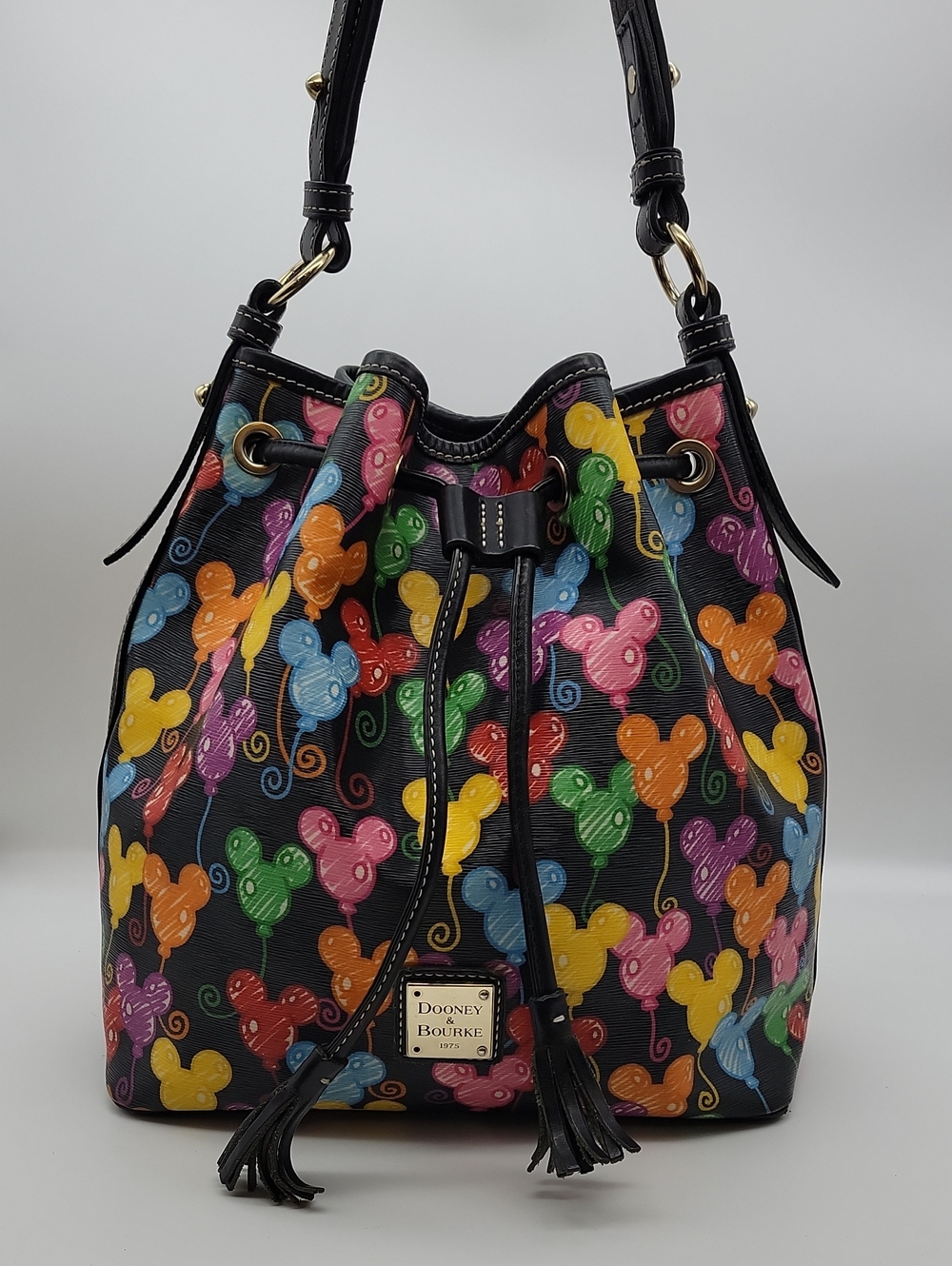 Dooney & Bourke Black Multi Balloon Print Drawstring Bucket Bag